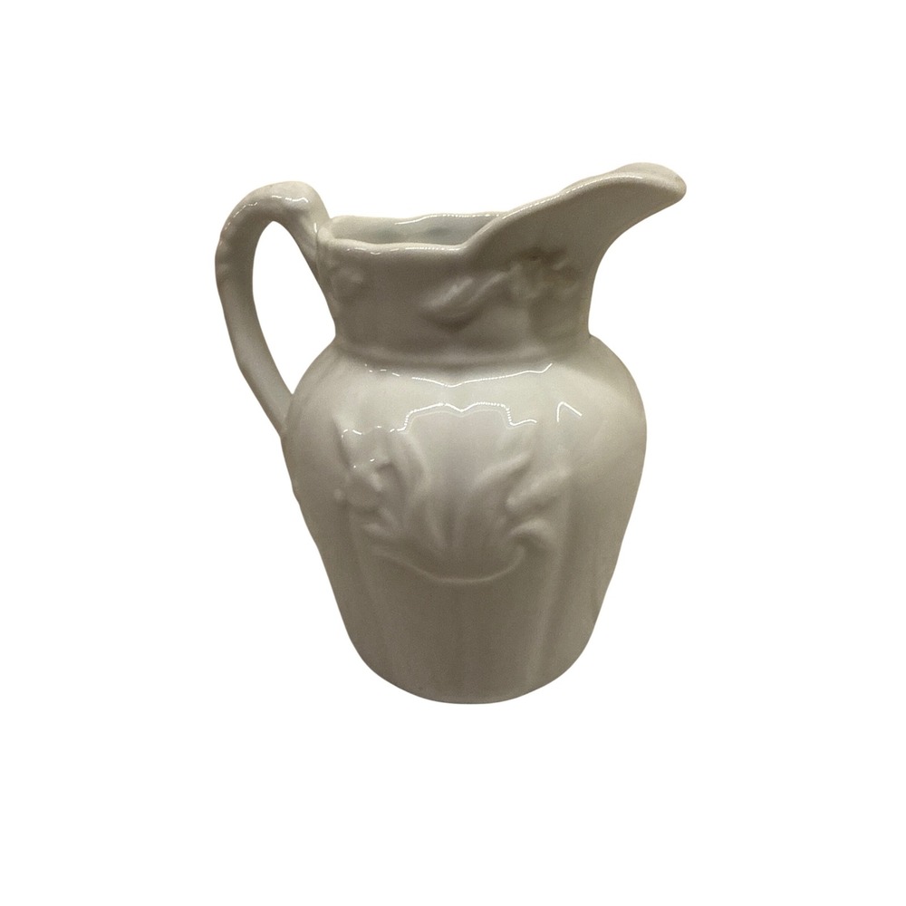 Two's Company White Ceramic Creamer Pitcher Embossed Floral‎ Design 5"